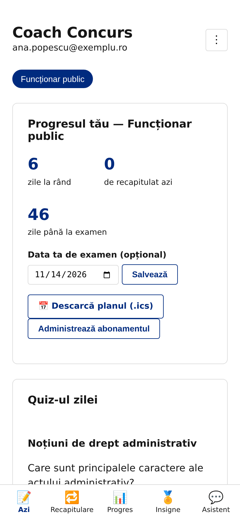 Aplicația Coach Concurs instalată pe telefon, cu bara de navigare jos și quiz-ul zilei deschis